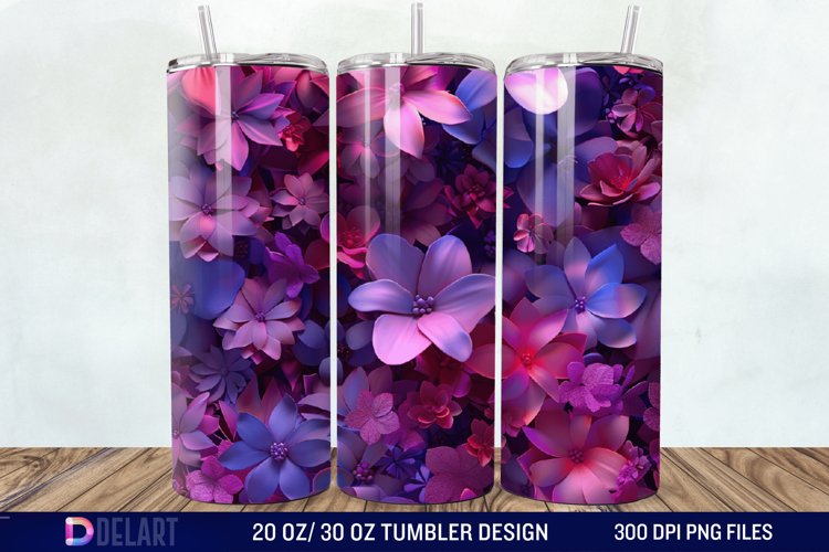 3D Fuchsia and Violet Flowers Tumbler Wrap