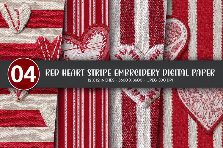 Red Heart Stripe Embroidery Digital Paper