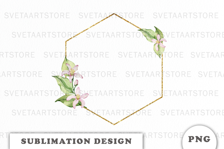 Watercolor Lemons Leaves and Flowers Gold Frame png