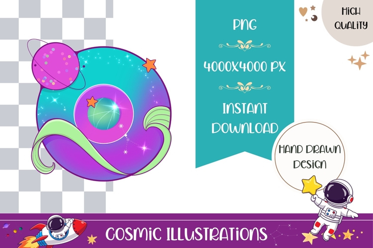 Hand Drawn Cosmic Illustration, Neon Space Planet PNG