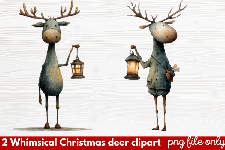 2 Whimsical Christmas Deer Clipart | Cute Festive Deer PNG