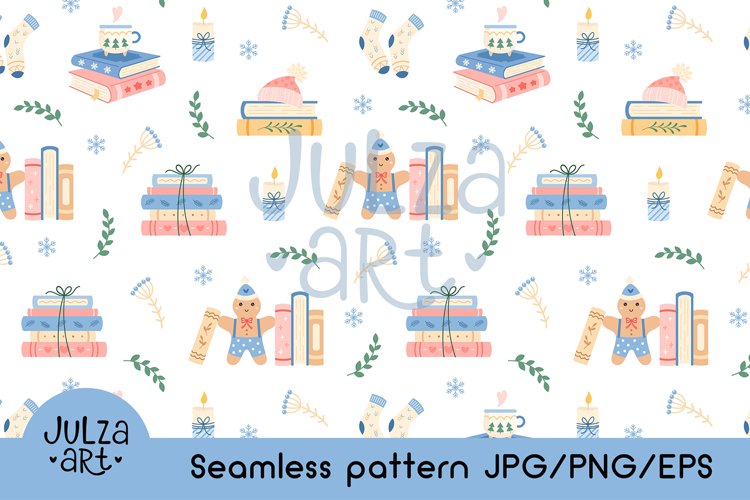 Winter Books Seamless Pattern, Christmas Bookish Background