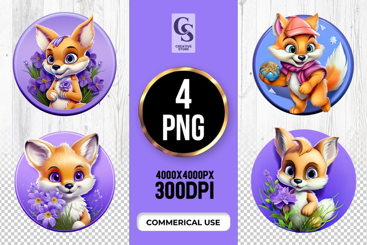 Cute Fox With Purple Flowers Clipart Sublimation PNG