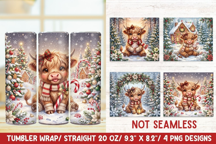 Christmas Highland Cow 20 OZ Skinny Tumbler Wrap Png.