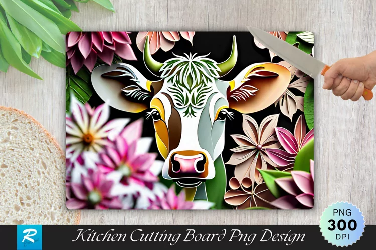 Cow With Flowers Cutting Board Sublimation Design