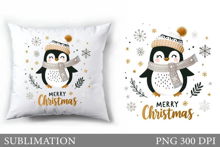 Cute Penguin Pillow Design. Christmas Pillow Sublimation example image 1