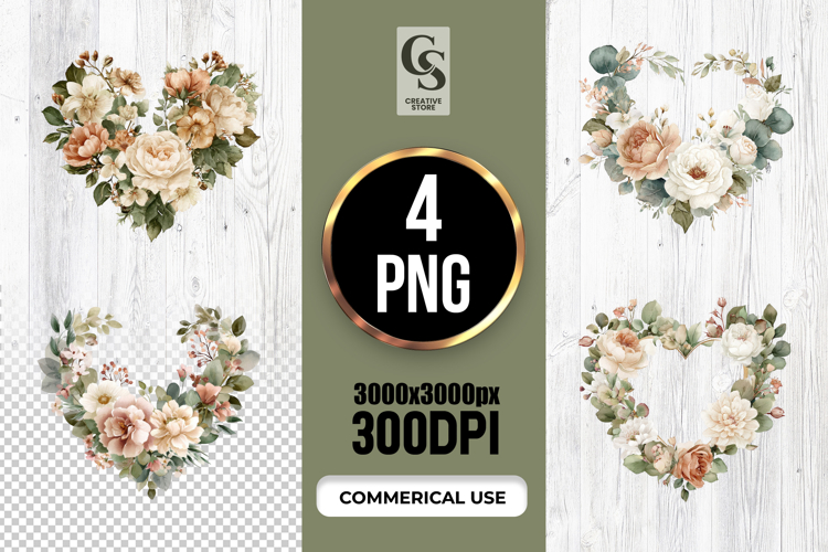 Watercolor Neutral Floral Heart Wreath Clipart png