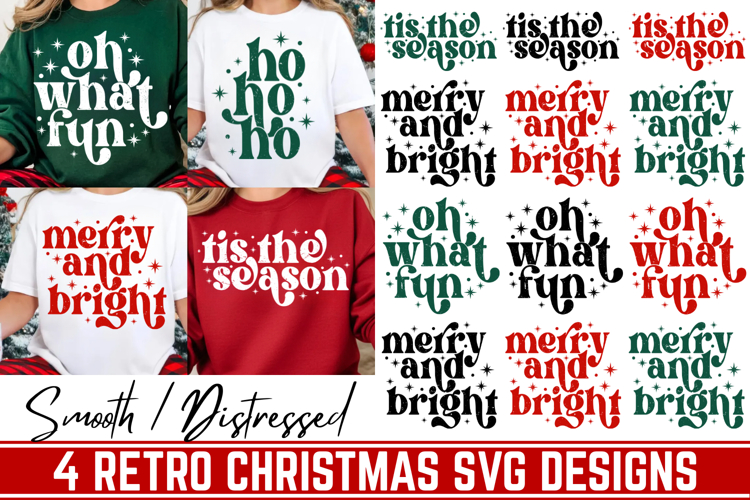 4 Retro Christmas Svg, Festive Holiday Quote, Merry & Bright