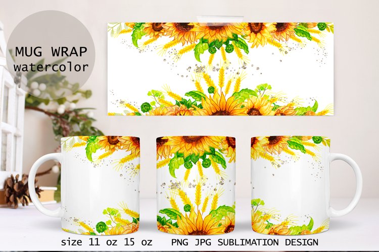 Mug Wraps Sublimation sunflower mug glitter 11oz 15oz PNG.