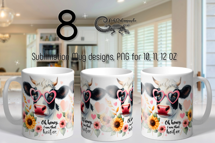 Cow & flowers | 8 Mug watercolor sublimation designs