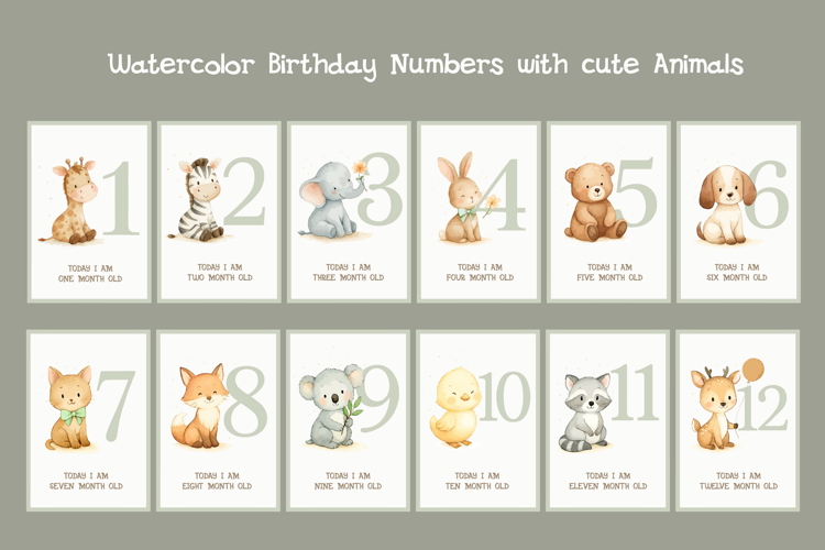 Watercolor Birthday Numbers with Animals, Bundle