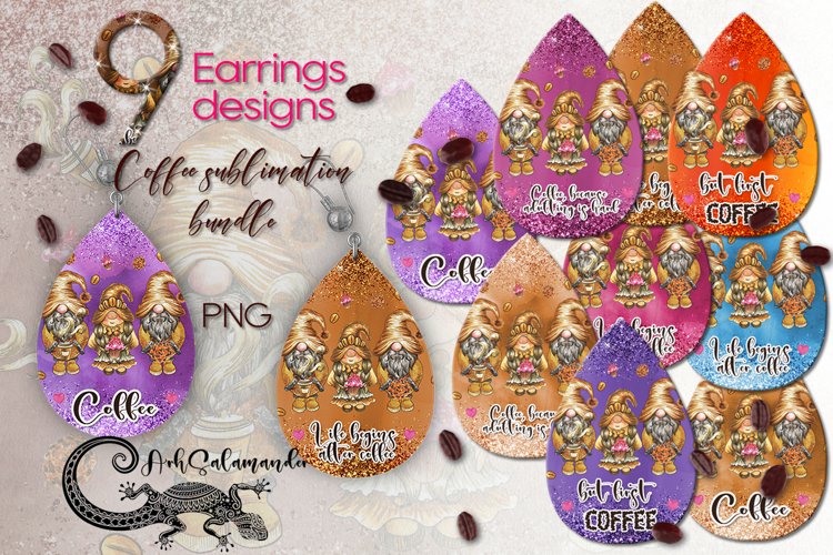 Coffee Gnome | 9 Teardrop earring Sublimation designs, PNG