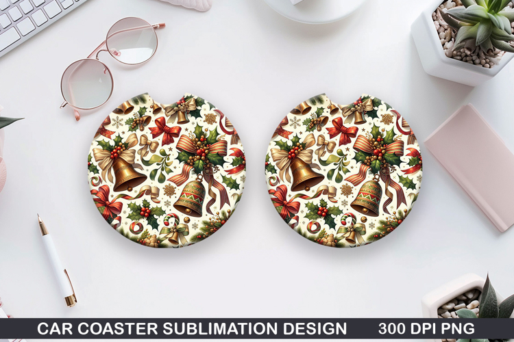 Christmas Bells Car Coaster Sublimation PNG, Festive Coaster