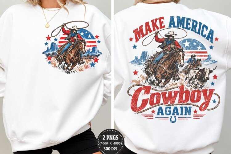 Make America Cowboy Again Front Back PNG, Patriotic Cowboy C example image 1