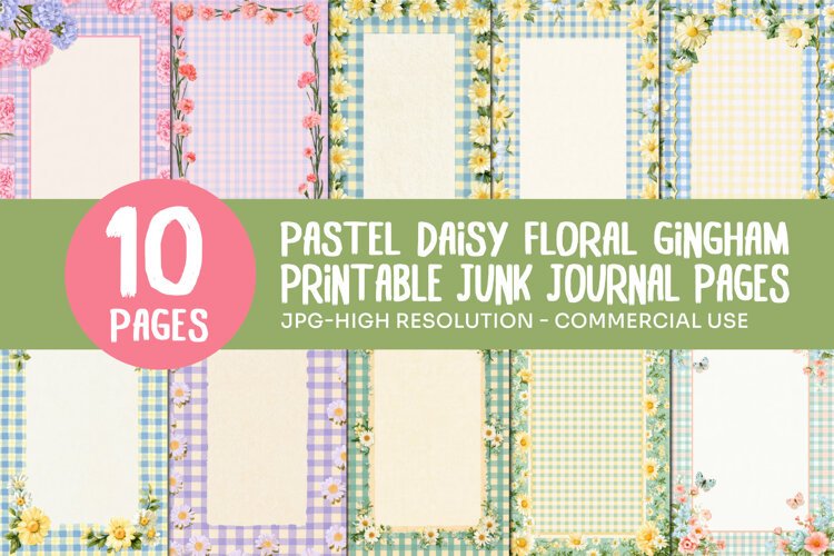 Pastel Daisy Floral Gingham Junk Journal Pages example image 1