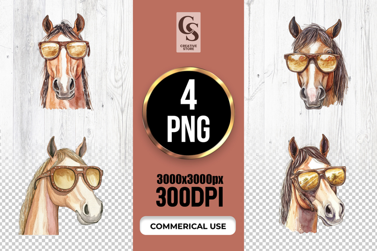 Watercolor Horse with Sunglasses Clipart PNG