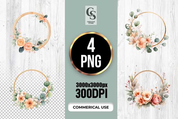Peach Eucalyptus Gold Hoop Floral Wreath Watercolor PNG