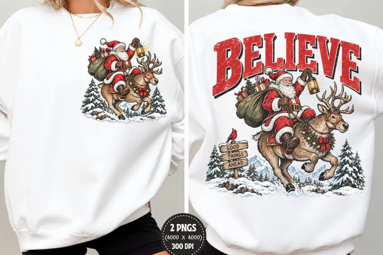 Believe Christmas Front Back PNG, Santa Reindeer Chest Back