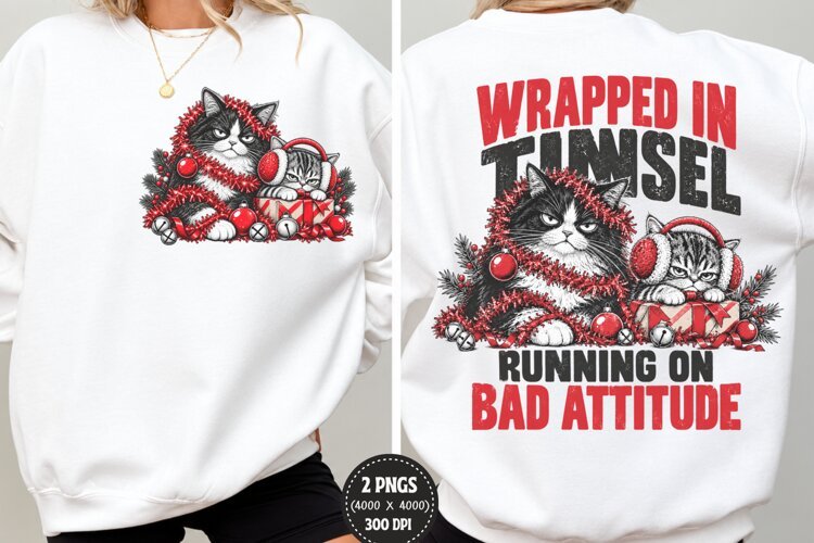 Grumpy Cat Christmas Front Back PNG, Tinsel Cat Chest Back example image 1
