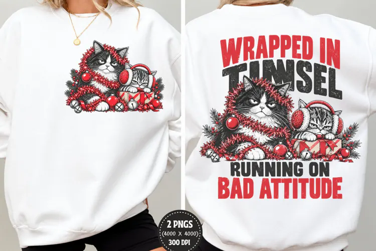 Grumpy Cat Christmas Front Back PNG, Tinsel Cat Chest Back