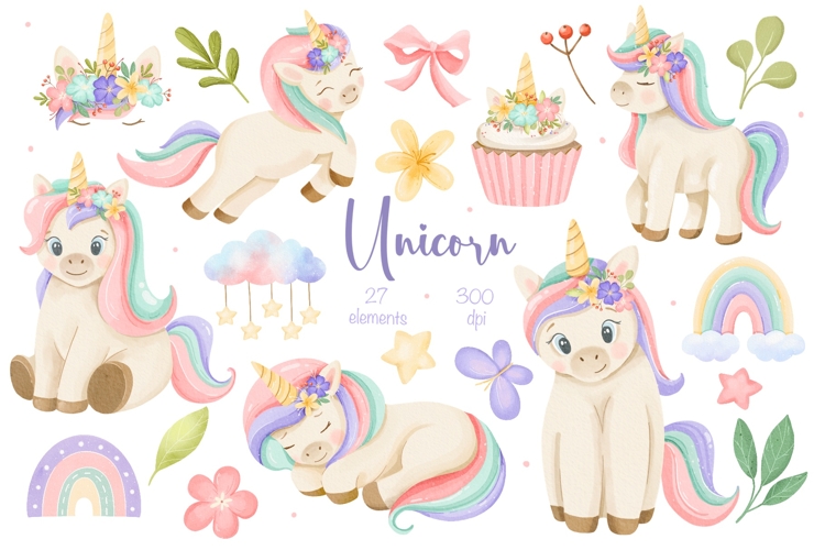 Watercolor Pastel Unicorn Clipart