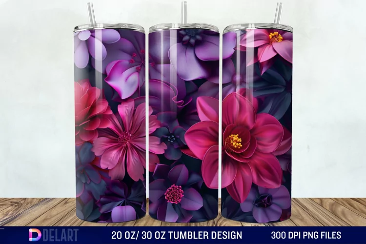 3D Fuchsia and Violet Flowers Tumbler Wrap
