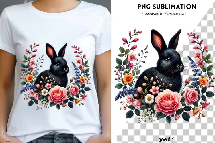 Black rabbit with flowers png design for T-shirts