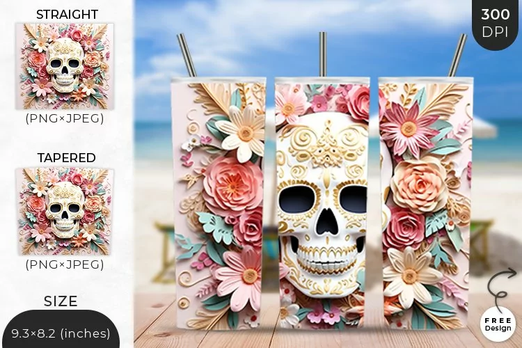 3D White Skull Tumbler Wrap | 3D Sublimation Wrap Design