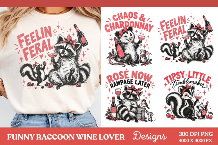 Feelin Feral Funny Raccoon Wine PNG, Tipsy Raccoon Wine Love