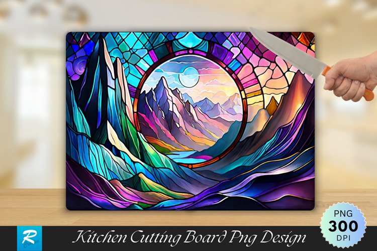 Cave Mountains Stained Glass Cutting Board PNG Design example image 1