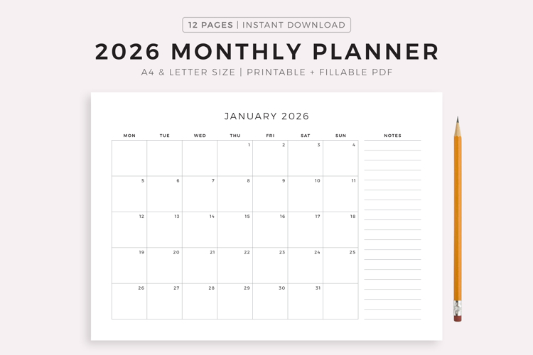 2026 Monthly Planner, Landscape, Printable, A4/Letter Size