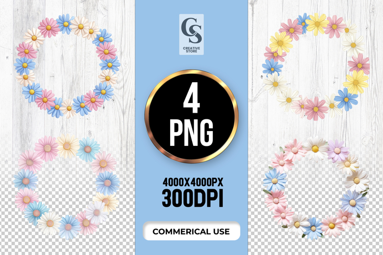 Pastel Daisy Floral Wreath PNG Set