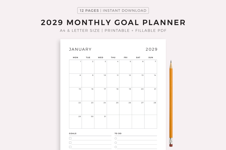 2029 Monthly Goal Planner, Printable & Fillable, A4/Letter