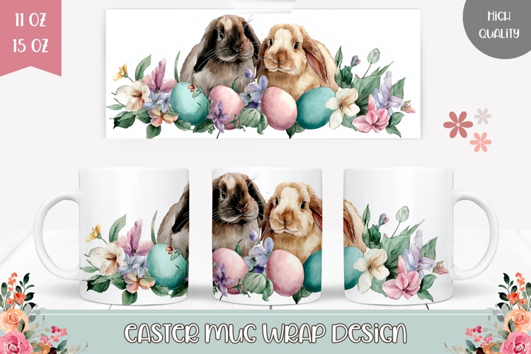 Watercolor Animals Mug, Cartoon Easter Bunnies Mug Wrap