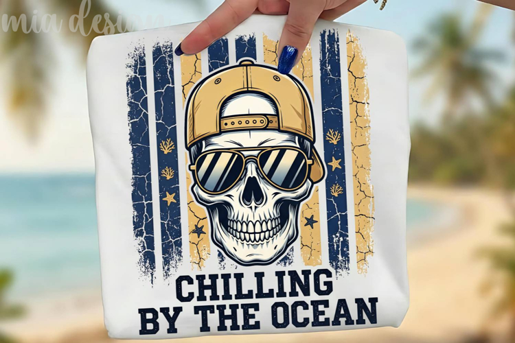 Cool Skull Summer PNG Chilling By The Ocean Sublimation