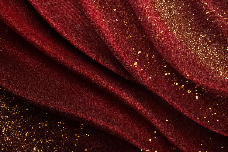 A luxurious red fabric with gold glitter sparkles and folds