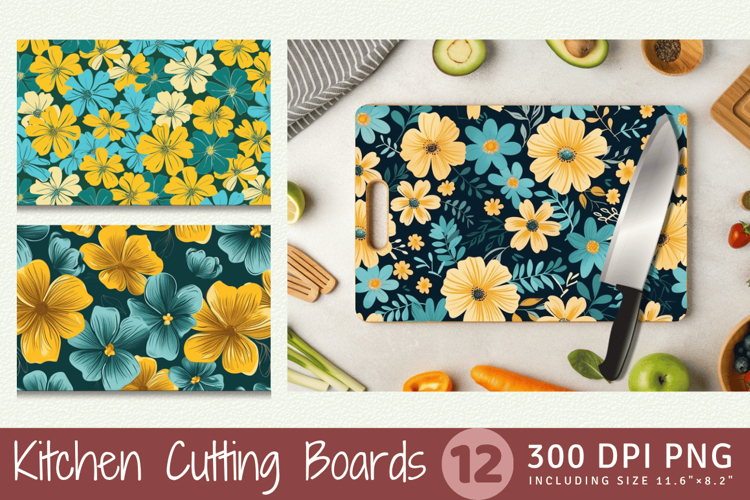 Yellow Teal Flowers Cutting Boards sublimation Designs
