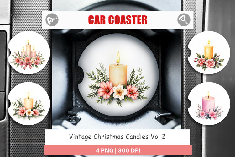 Car Coaster Vintage Christmas Candles Watercolor