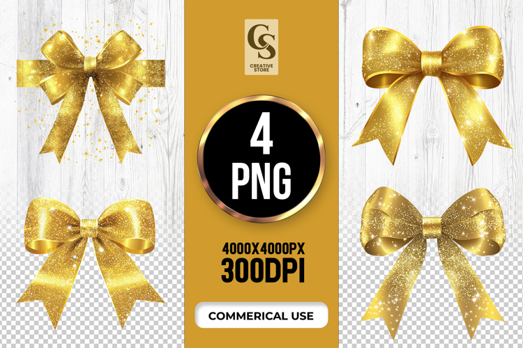 Gold Glitter Ribbon Bow Clipart Sublimation PNG