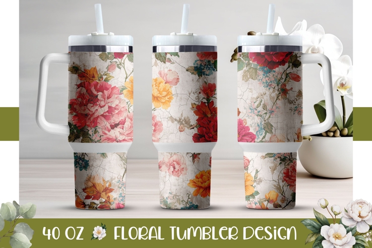 Floral Tumbler Design, Vintage Flowers 40 Oz Tumbler PNG
