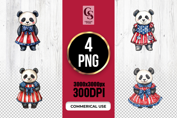 Cute Panda Patriotic Dress Watercolor Clipart PNG
