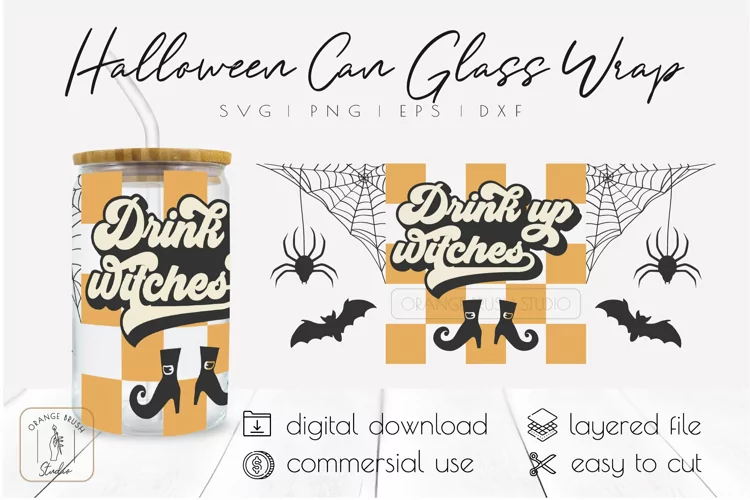 Retro Halloween Libbey Can Glass Wrap Witch Glass Can SVG