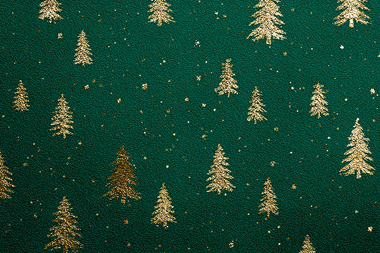 A festive green background with gold Christmas trees