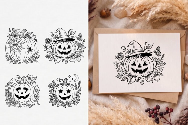 Cottagecore Halloween Pumpkin SVG, Floral Jack O Lantern example image 1