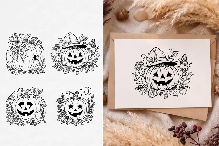 Cottagecore Halloween Pumpkin SVG, Floral Jack O Lantern