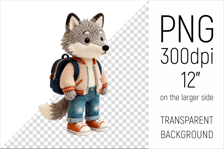 Knitted Wolf with Backpack | Cute School Animal Clipart