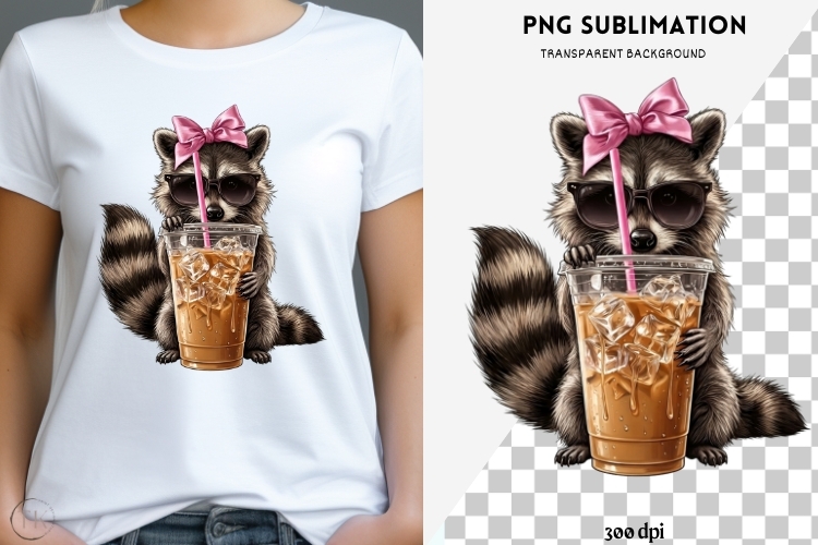 Raccoon iced coffee png design for T-shirts