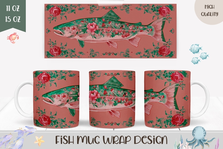 Fish Mug Wrap, Floral Mug Design, Nature Mug Template