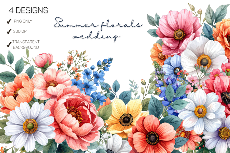 Summer Floral Watercolor Flower Bouquet