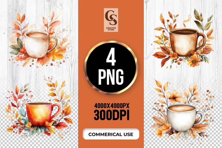 Autumn Coffee Mug Leaves Clipart Sublimation PNG